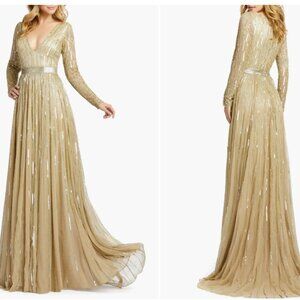 MAC DUGGAL 4977 SEQUINED V-NECK ILLUSIONS A-LINE TAUPE GOWN sz 2